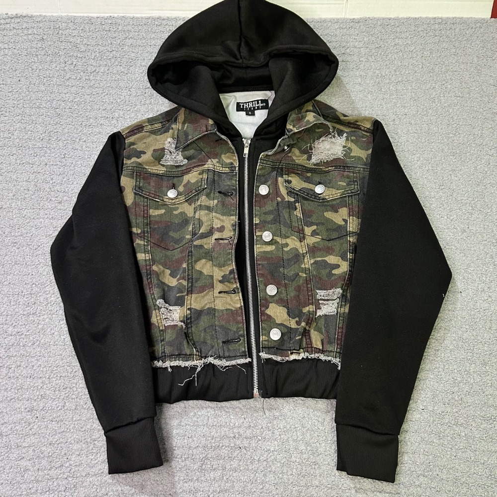 Thrill Jeans Hoodie Jacket Camo Distressed S Green Black Streetwear Grunge Edgy